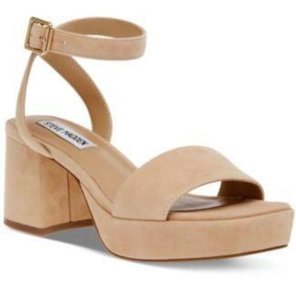 Steve Madden Womens 9.5 Mercerr Buckle Ankle Strap Sandals Tan Suede Block Heel - Picture 1 of 11